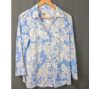Anne Klein Button-Up Shirt Women's Sz S Blue White Floral Long Sleeve Casual Top